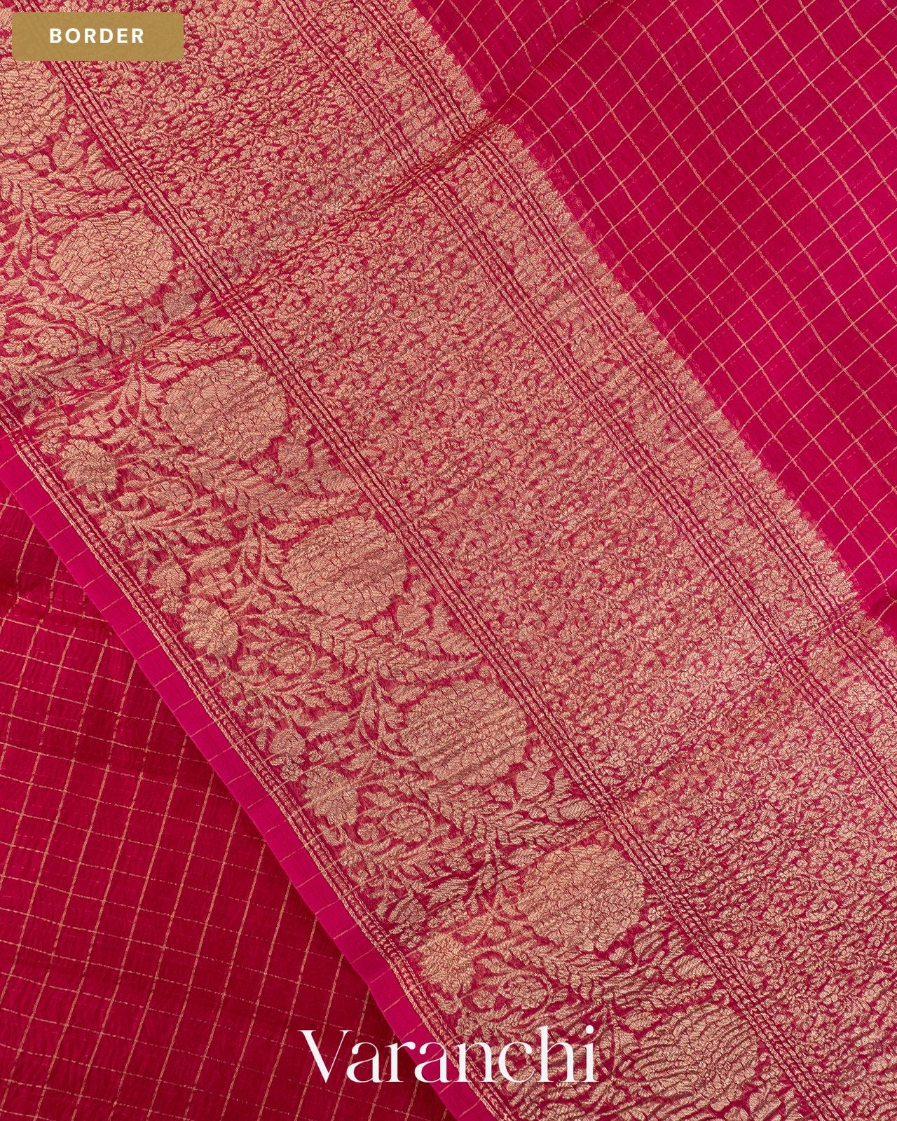 Rani Pink Checkered Pure Crush Kora Silk Saree — Border