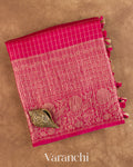 Rani Pink Checkered Pure Crush Kora Silk Saree — Folded
