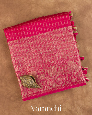 Rani Pink Checkered Pure Crush Kora Silk Saree — Folded