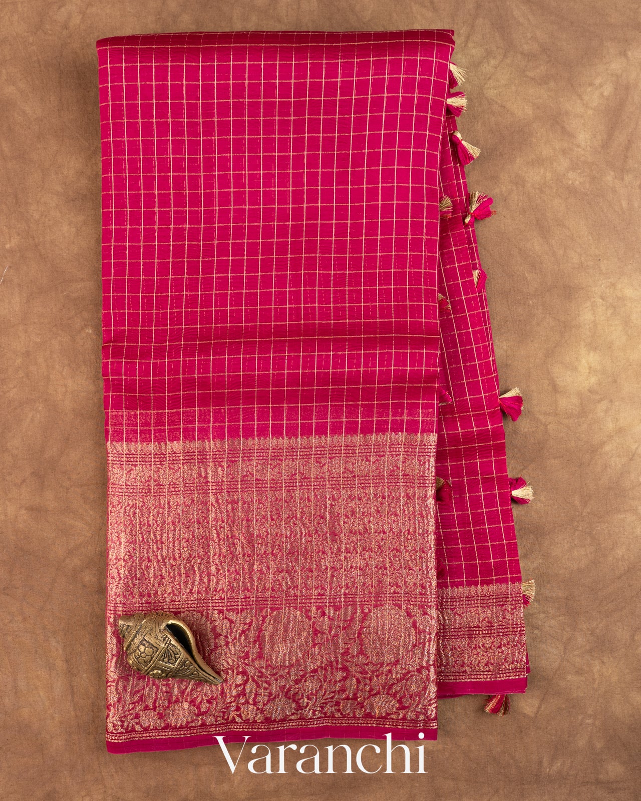 Rani Pink Checkered Pure Crush Kora Silk Saree — Full Saree