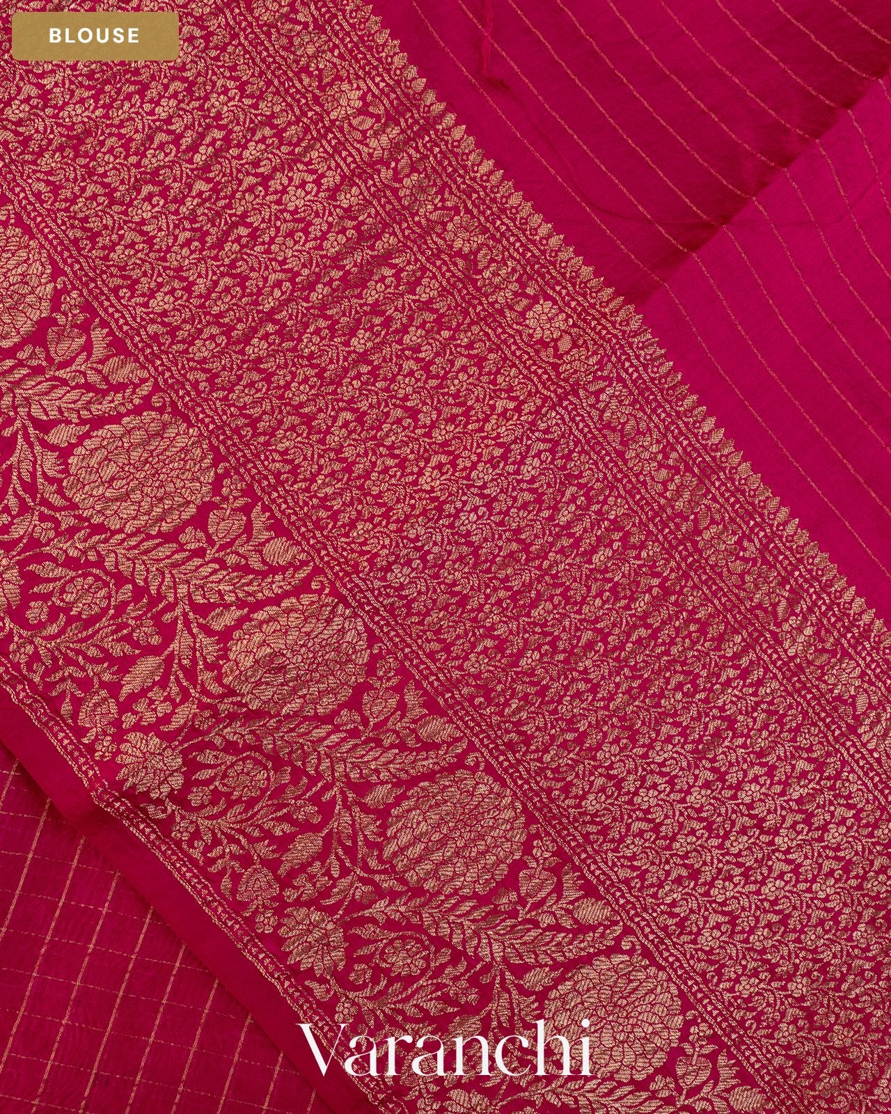 Rani Pink Checkered Pure Crush Kora Silk Saree — Blouse
