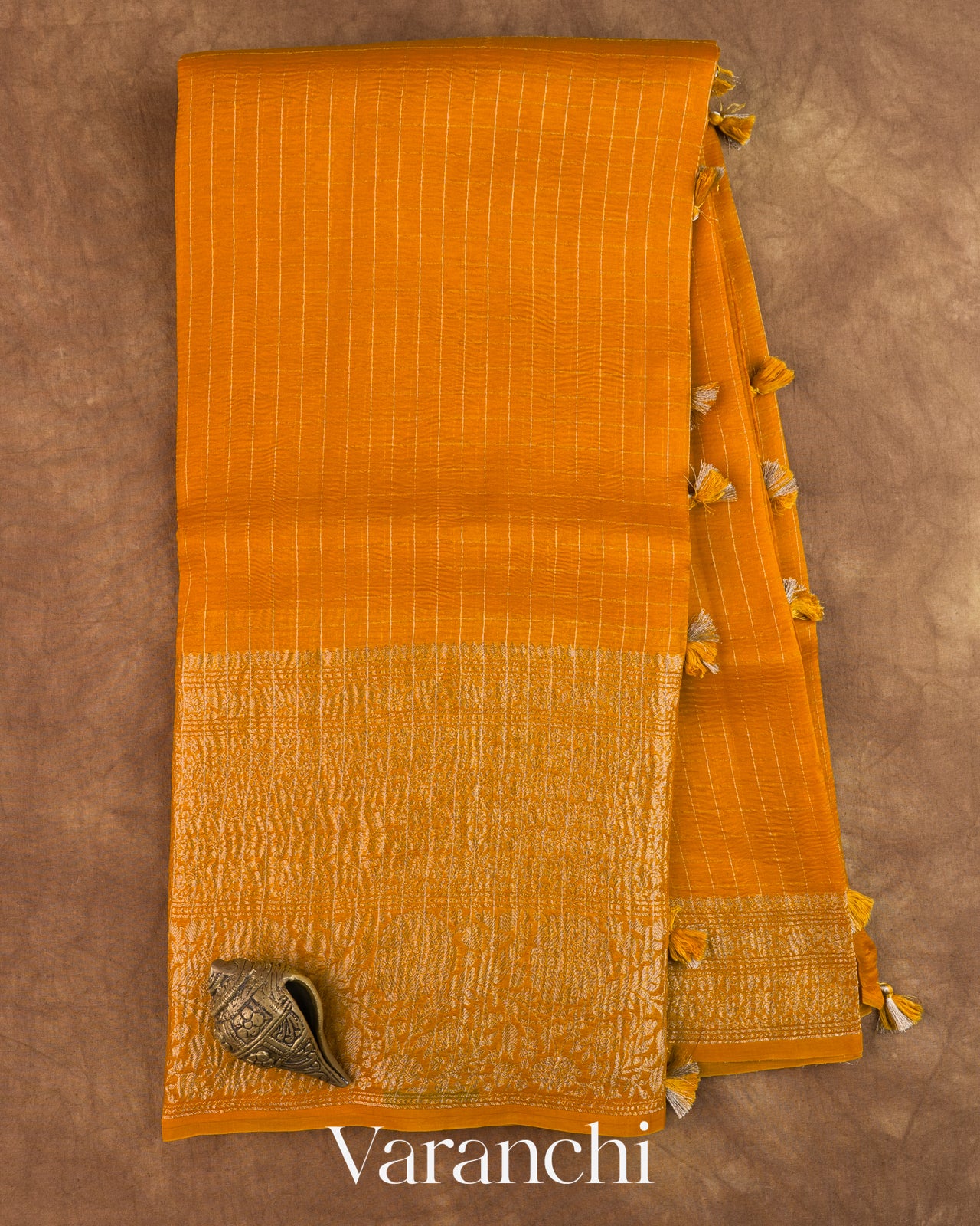 Mango Yellow Checkered Pure Crush Kora Silk Saree — Full Saree
