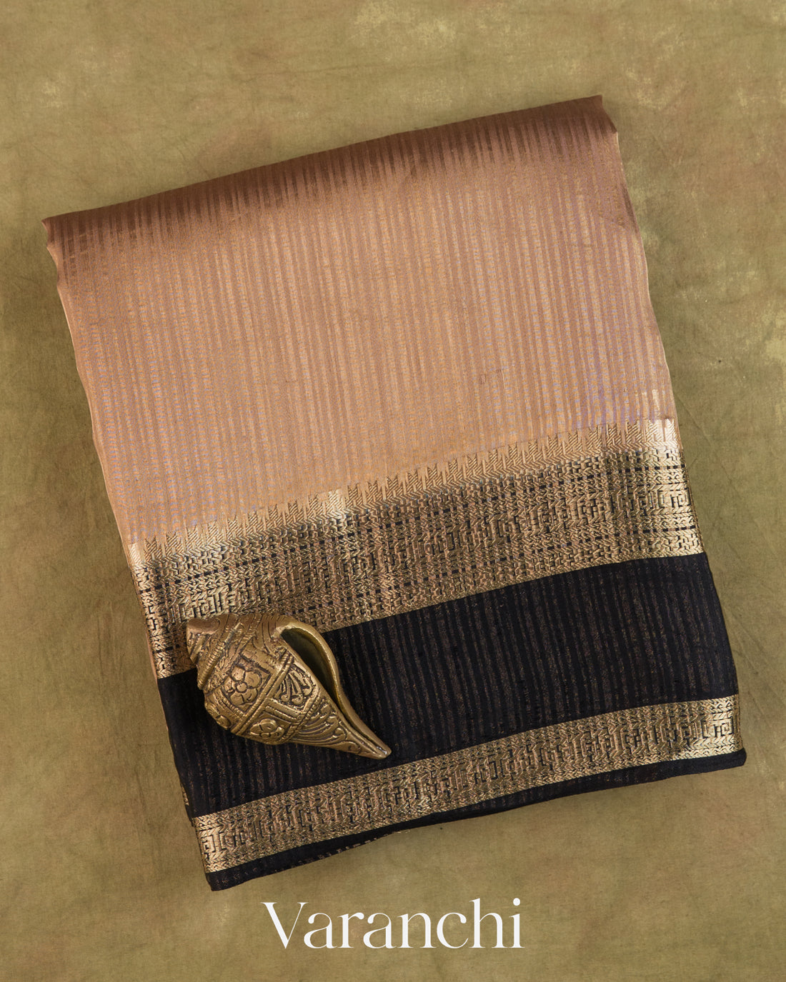 Deep Beige Striped Pure Katan Silk Saree — Folded