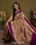 Light Brown Striped Pure Katan Silk Saree — Draped