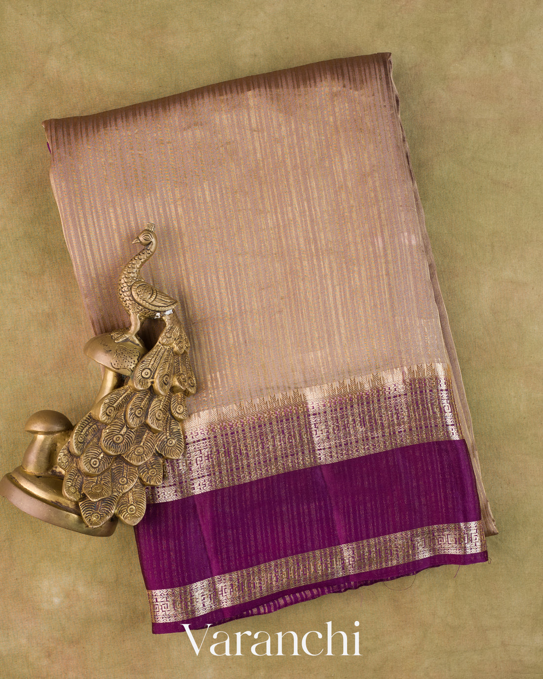 Light Brown Striped Pure Katan Silk Saree — Folded