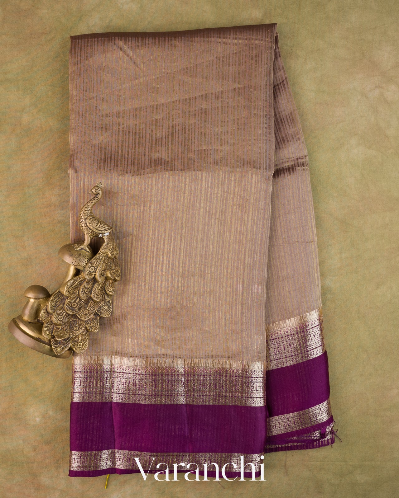 Light Brown Striped Pure Katan Silk Saree — Full Saree