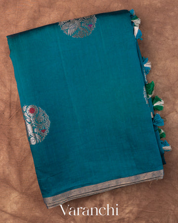 Navy Blue Pure Chiniya Silk Saree — Folded