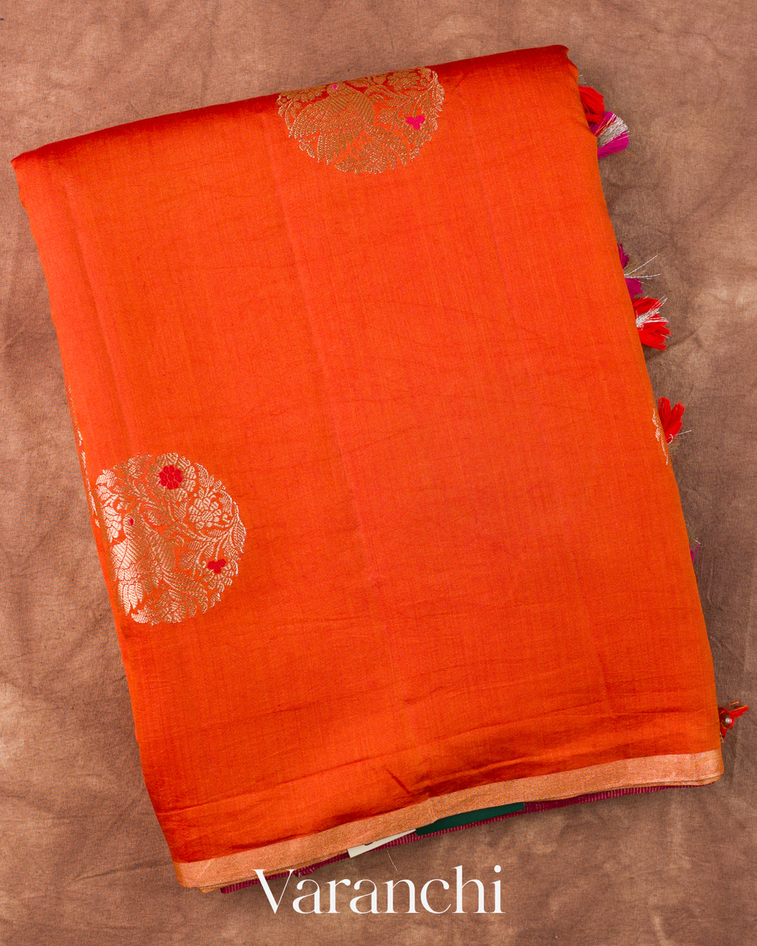 Bright Orange Pure Chiniya Silk Saree — Folded