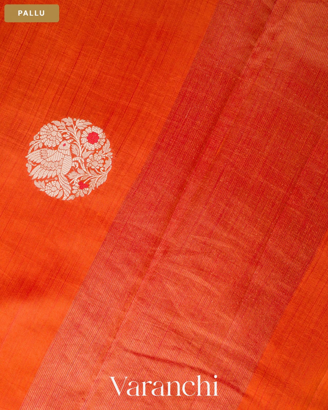Bright Orange Pure Chiniya Silk Saree — Pallu