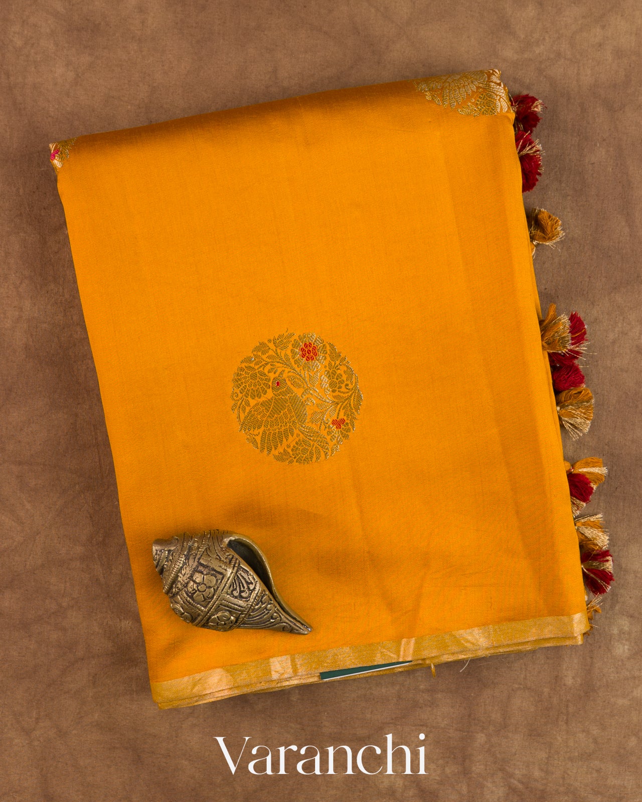 Turmeric Orange Pure Chiniya Silk Saree — Folded