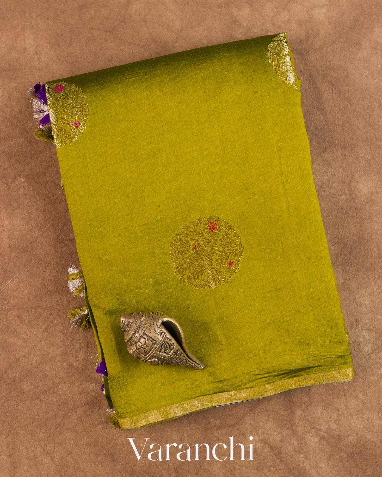 Olive Green Pure Chiniya Silk Saree — Folded