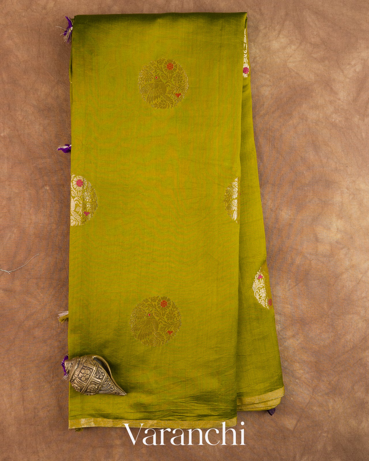 Olive Green Pure Chiniya Silk Saree — Full Saree