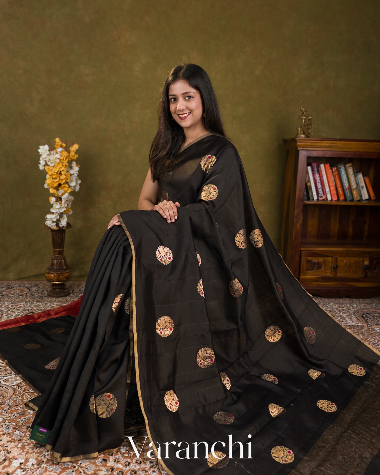 Black Pure Chiniya Silk Saree — Draped