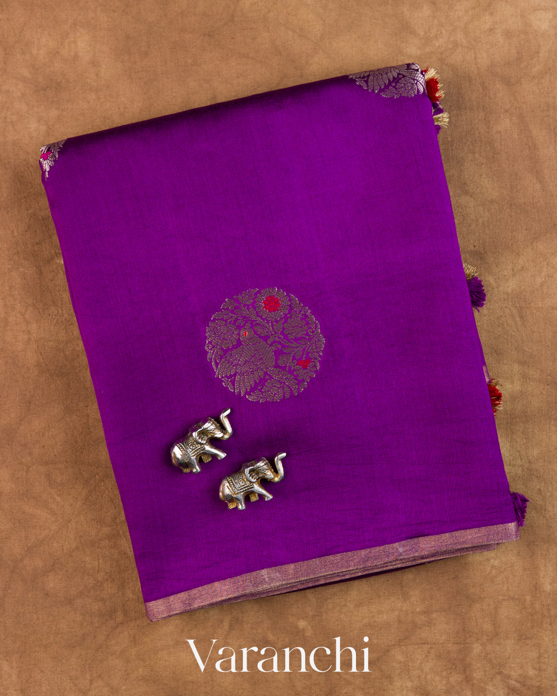 Deep Purple Pure Chiniya Silk Saree — Folded