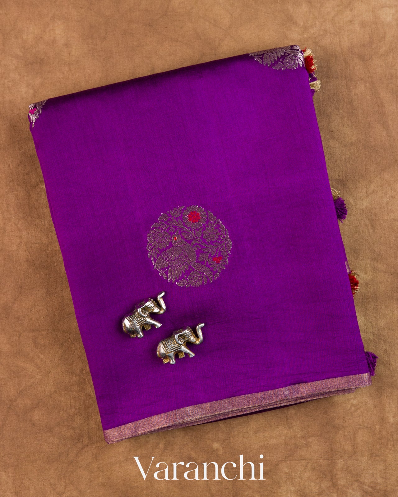 Deep Purple Pure Chiniya Silk Saree — Folded