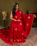 Crimson Red Pure Chiniya Silk Saree — Draped
