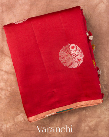Crimson Red Pure Chiniya Silk Saree — Folded