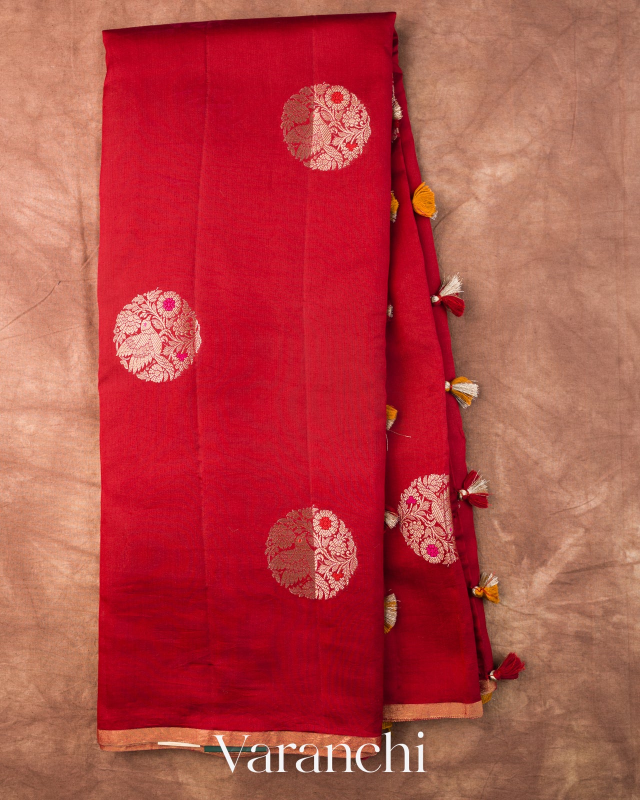 Crimson Red Pure Chiniya Silk Saree — Full Saree