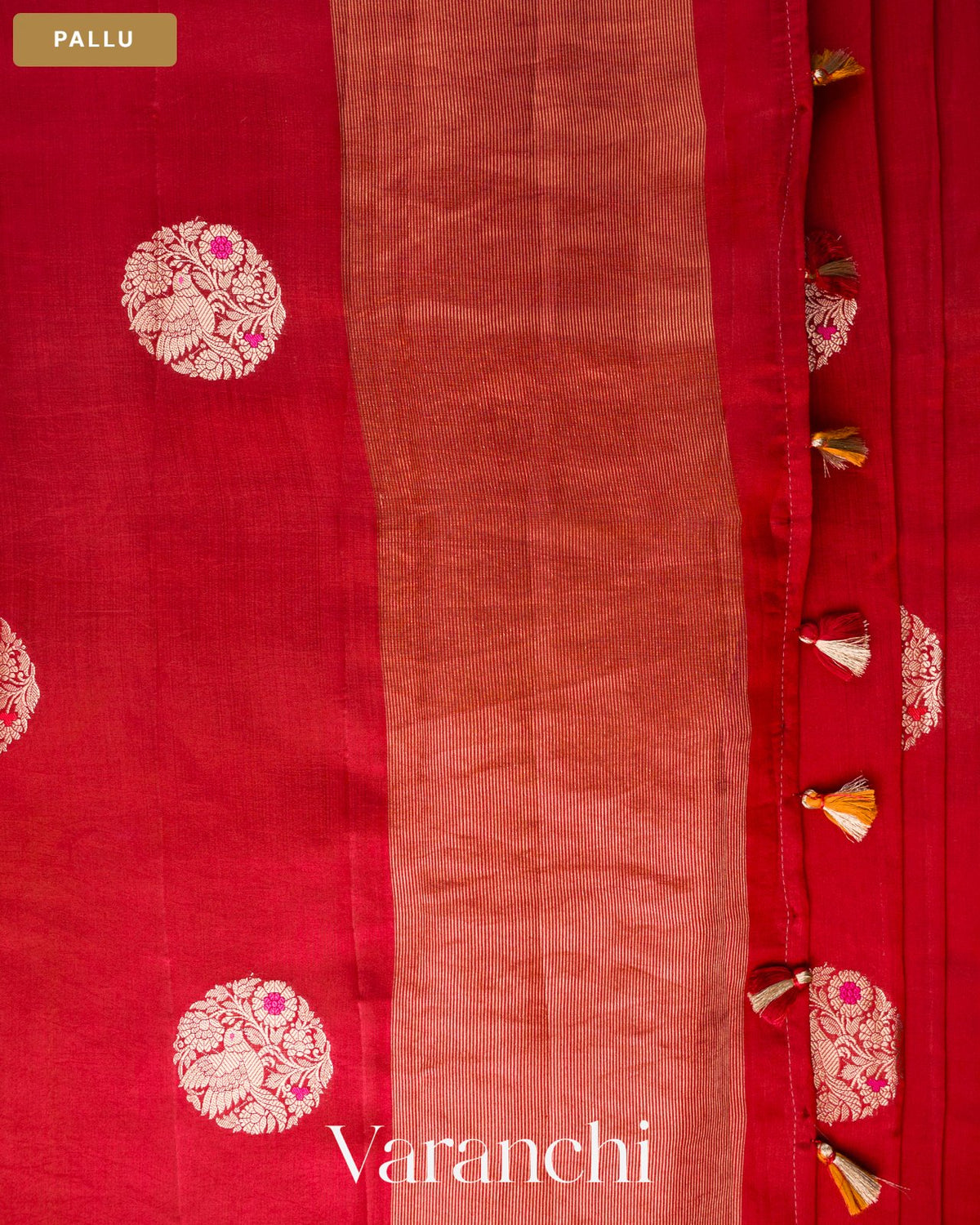Crimson Red Pure Chiniya Silk Saree — Pallu