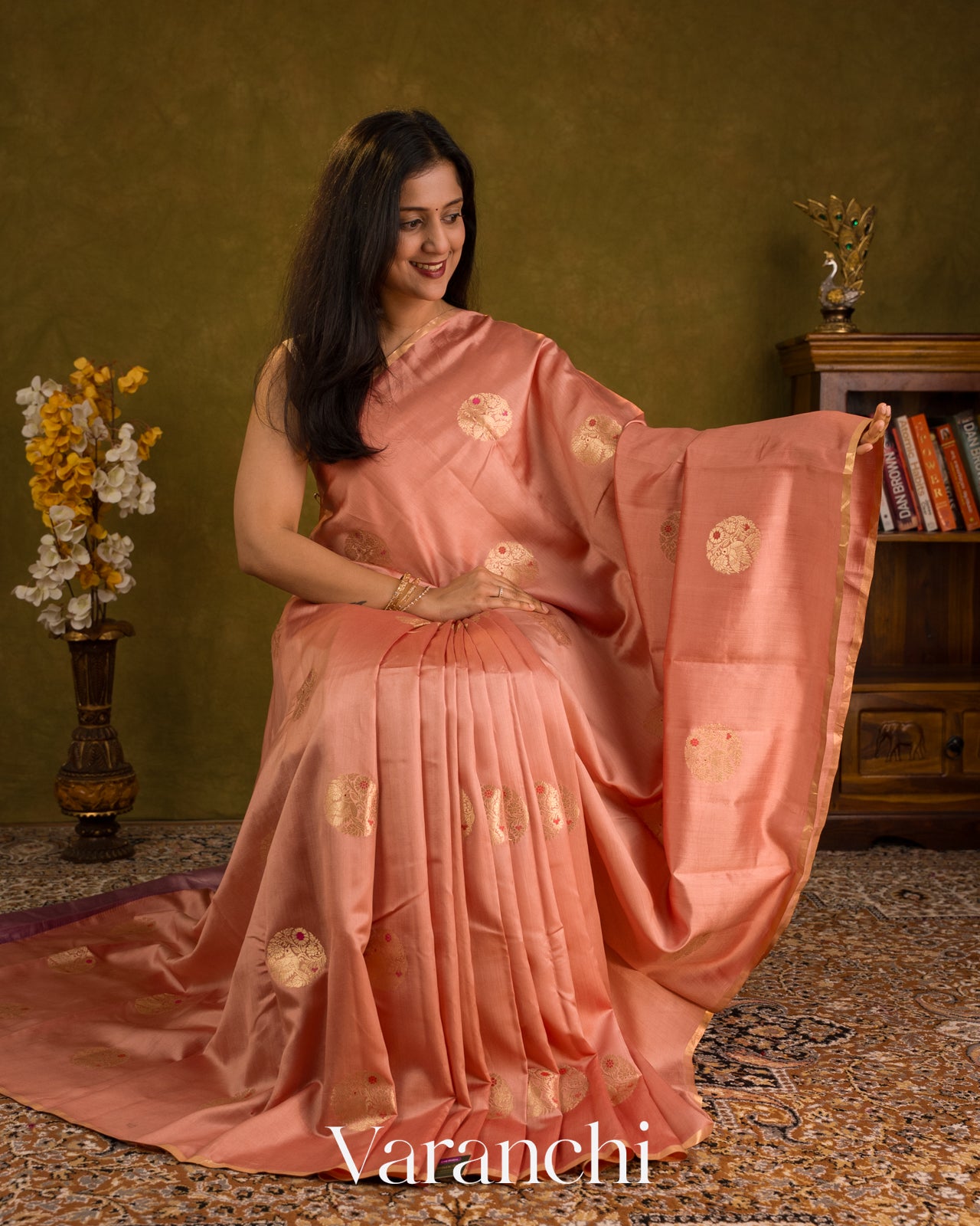 Peach Pure Chiniya Silk Saree — Draped
