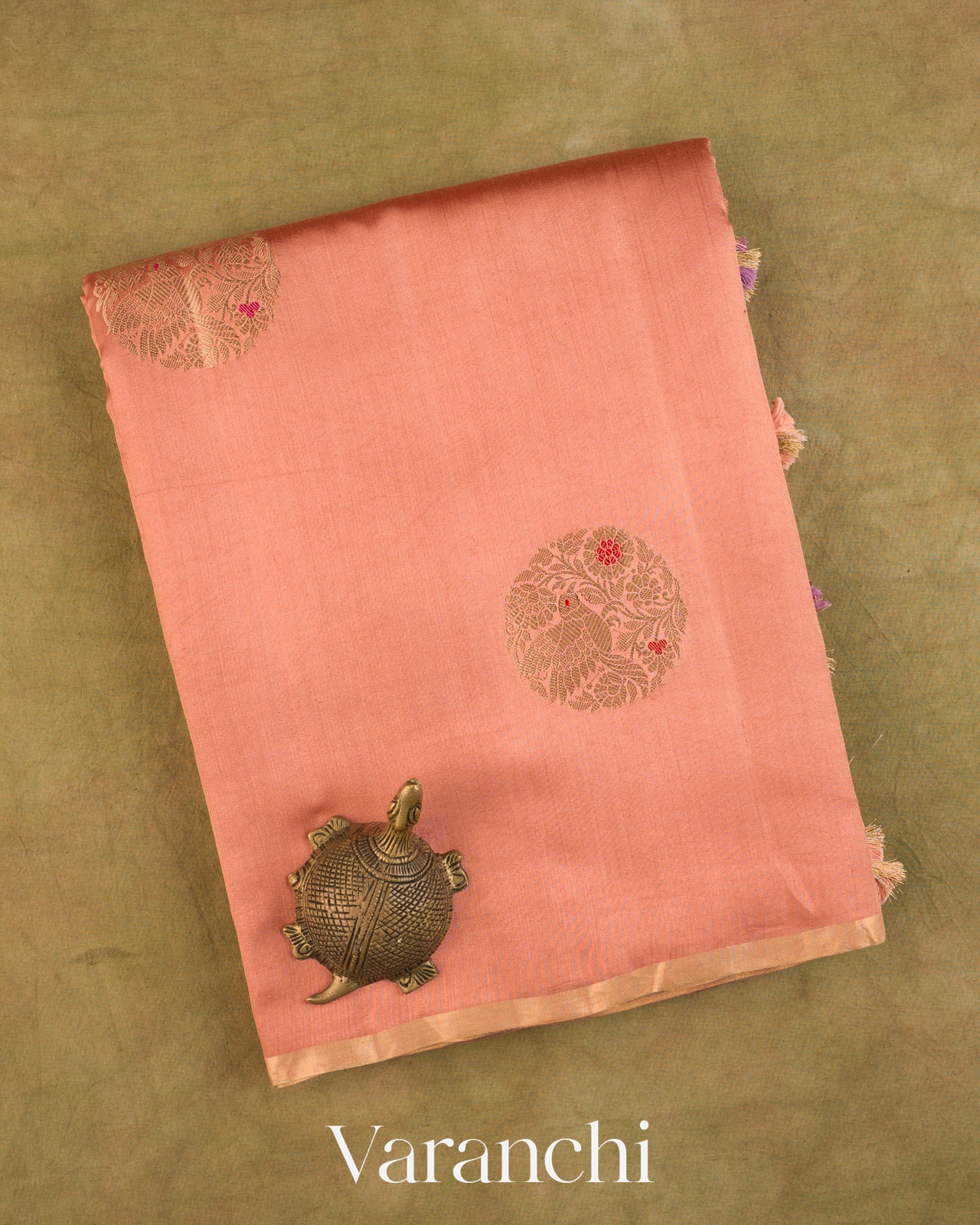 Peach Pure Chiniya Silk Saree — Folded