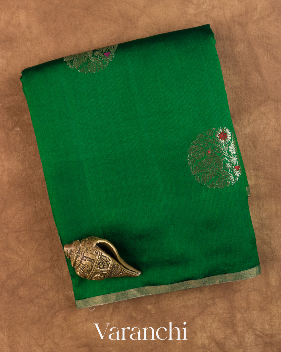 Bottle Green Pure Chiniya Silk Saree — Folded