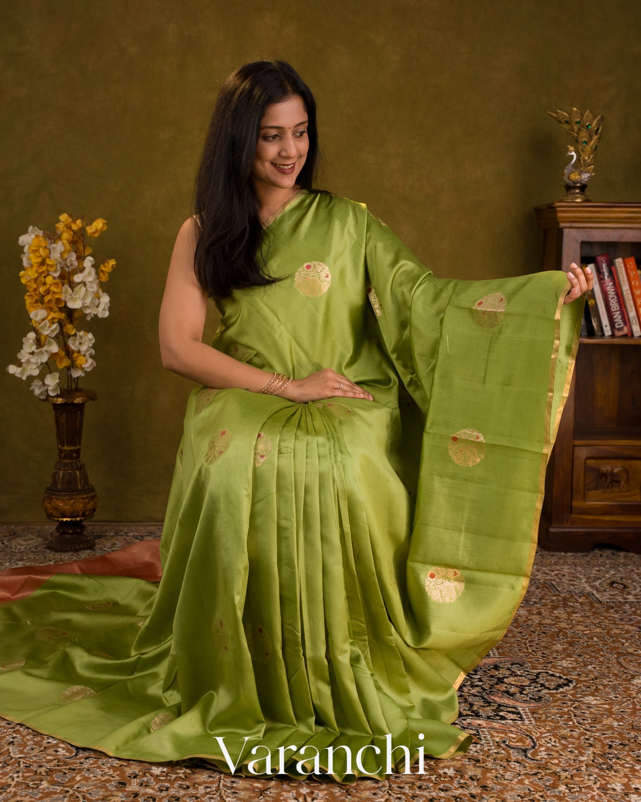 Pista Green Pure Chiniya Silk Saree — Draped