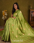 Pista Green Pure Chiniya Silk Saree — Draped