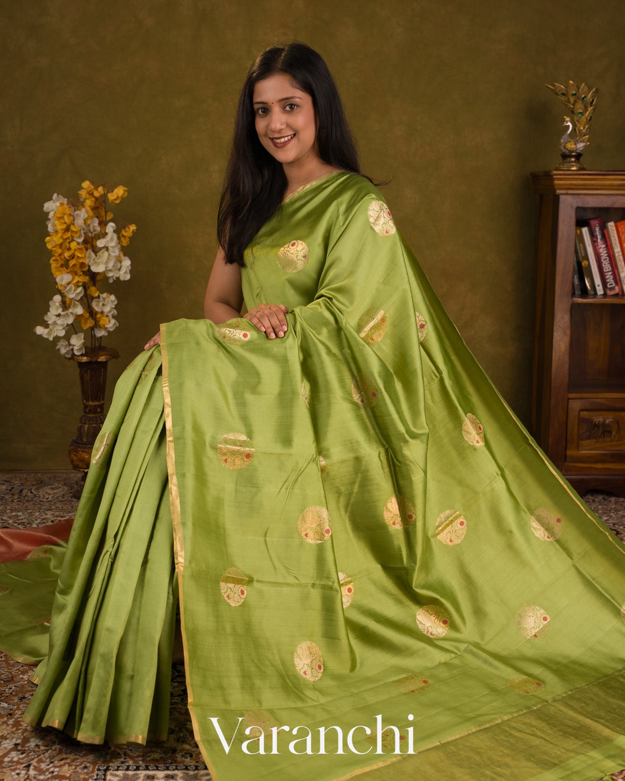 Pista Green Pure Chiniya Silk Saree — Draped
