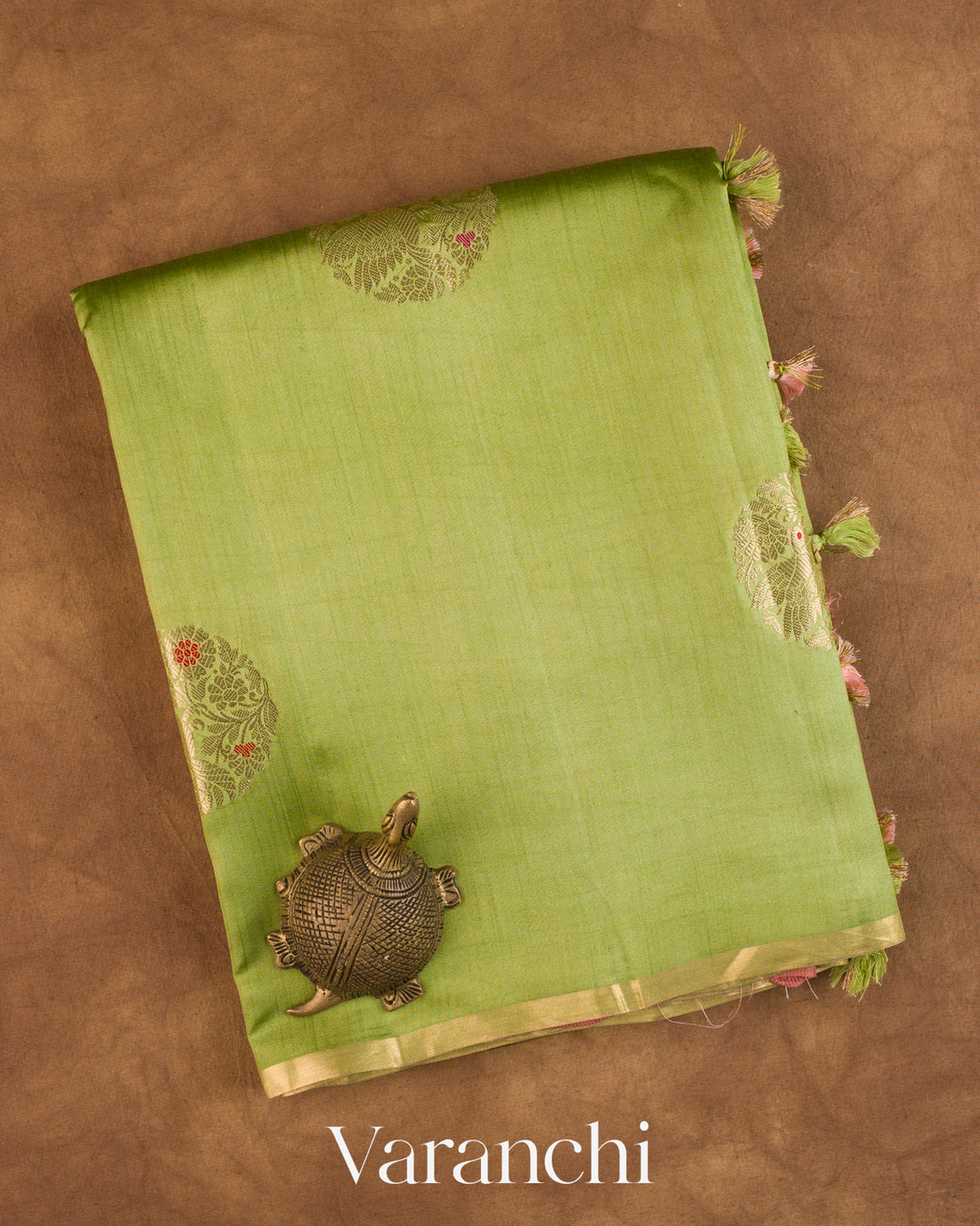 Pista Green Pure Chiniya Silk Saree — Folded