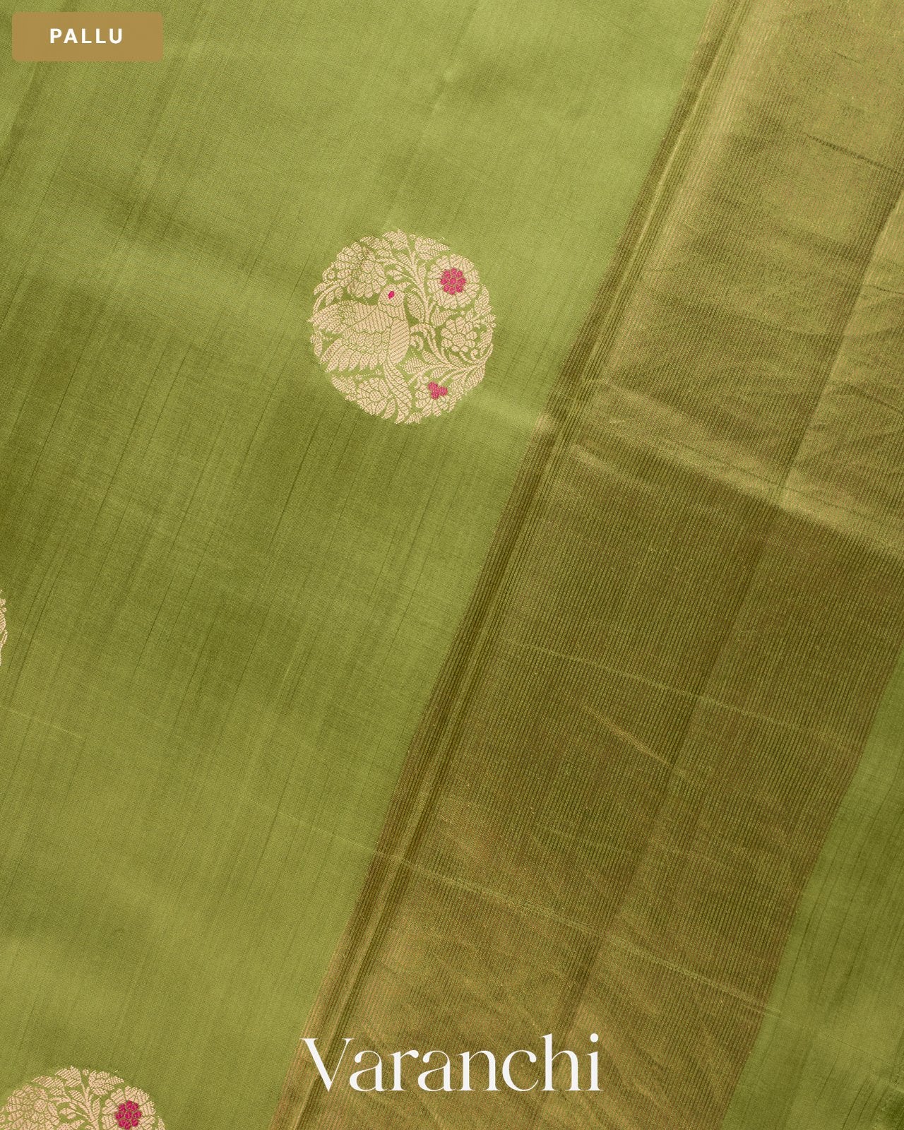 Pista Green Pure Chiniya Silk Saree — Pallu