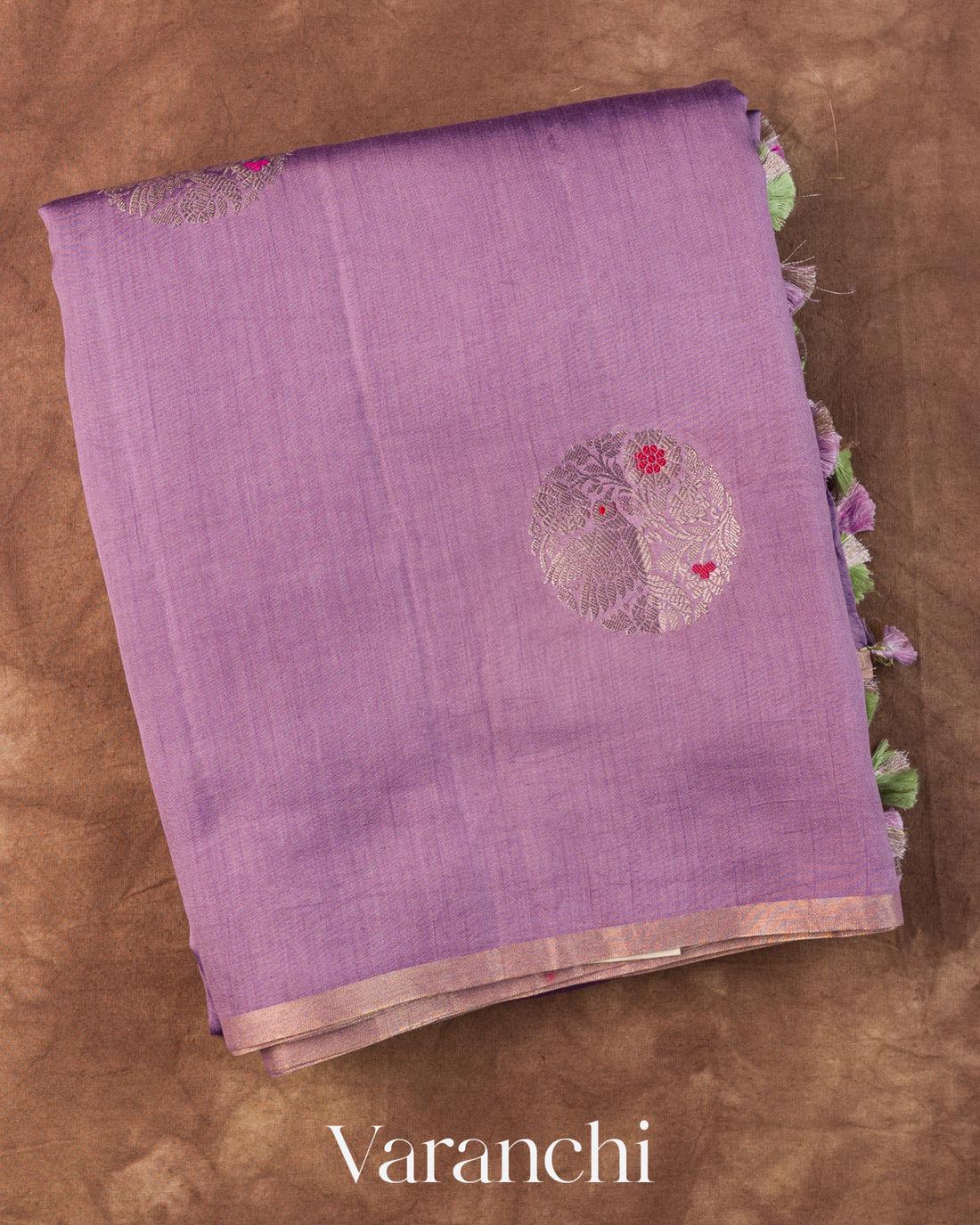 Lavender Circular Butta Pure Chiniya Silk Saree — Folded