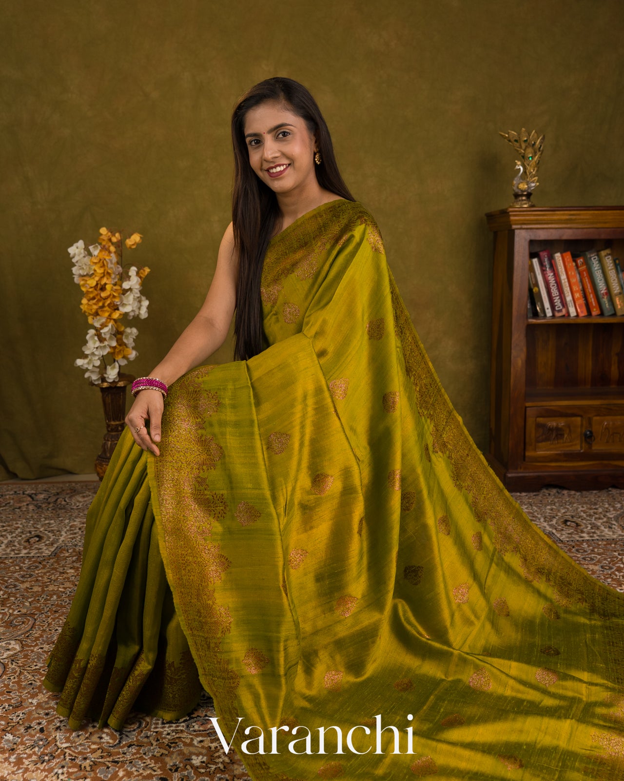 Olive Green Pure Raw Silk Handloom Saree — Draped