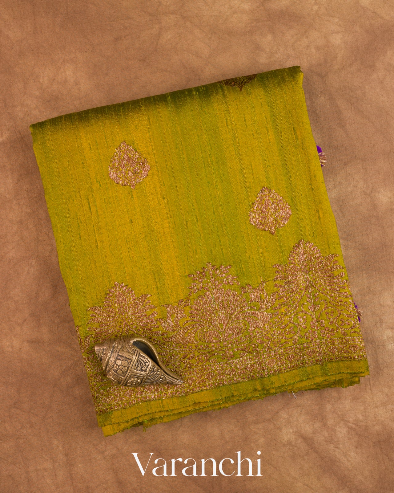 Olive Green Pure Raw Silk Handloom Saree — Folded