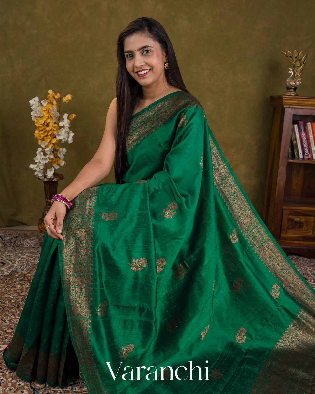 Rama Green Pure Raw Silk Handloom Saree — Draped