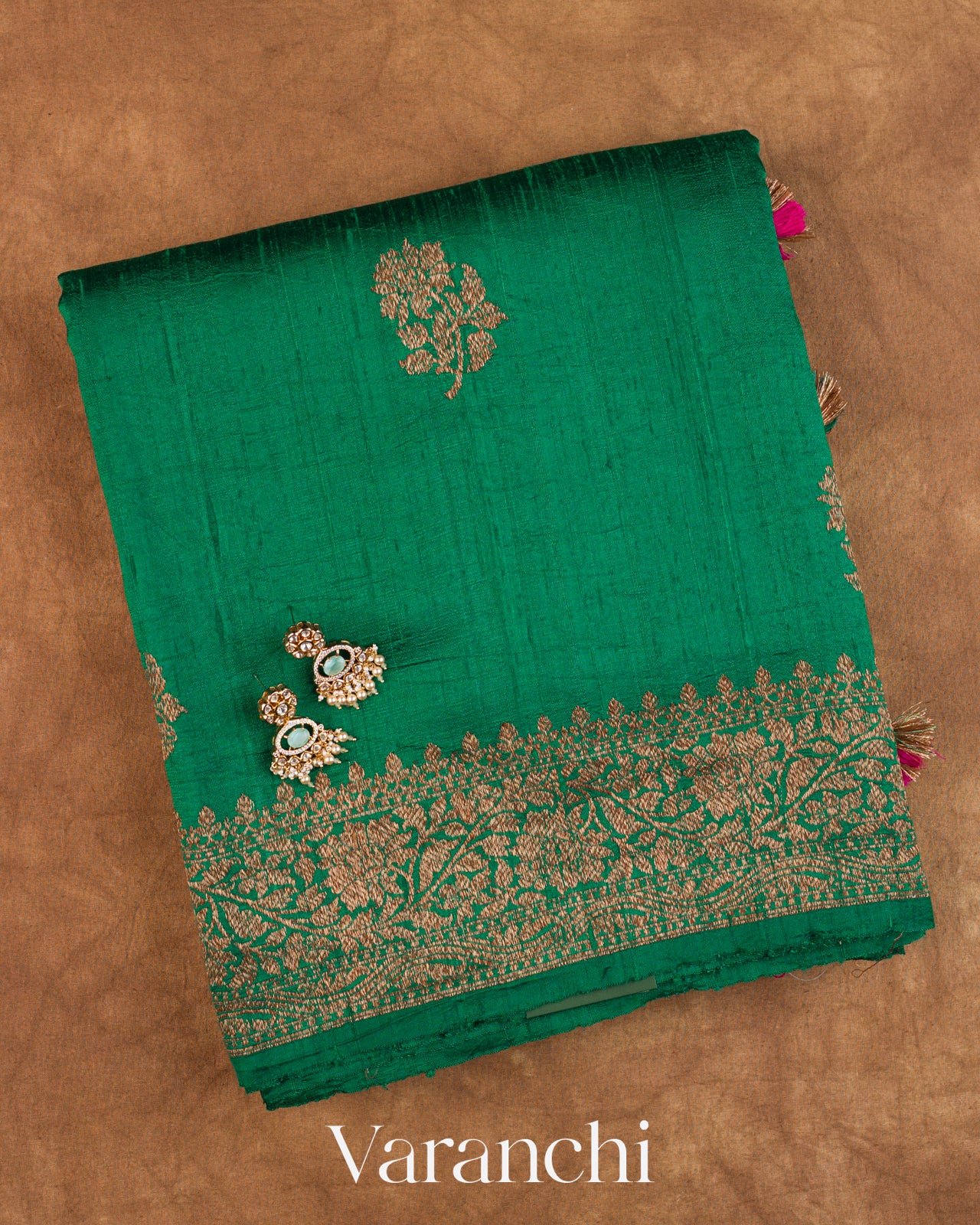 Rama Green Pure Raw Silk Handloom Saree — Folded