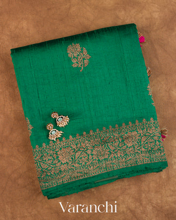 Rama Green Pure Raw Silk Handloom Saree — Folded