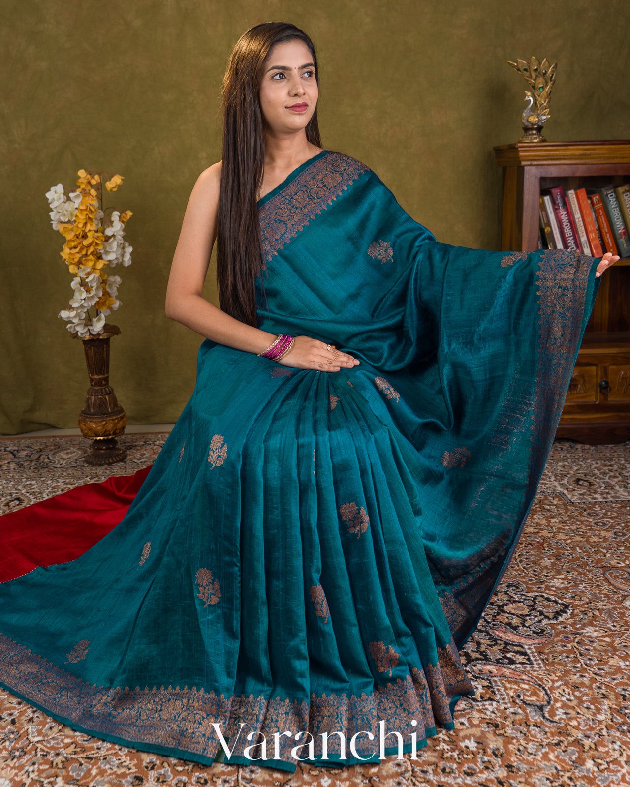 Peacock Blue Pure Raw Silk Handloom Saree — Draped