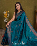 Peacock Blue Pure Raw Silk Handloom Saree — Draped