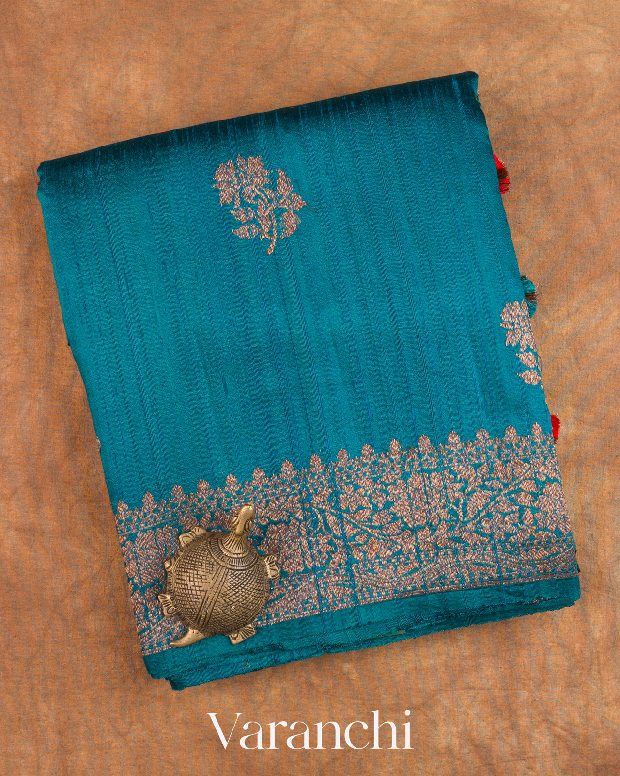 Peacock Blue Pure Raw Silk Handloom Saree — Folded
