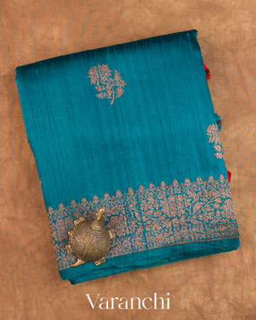 Peacock Blue Pure Raw Silk Handloom Saree — Folded