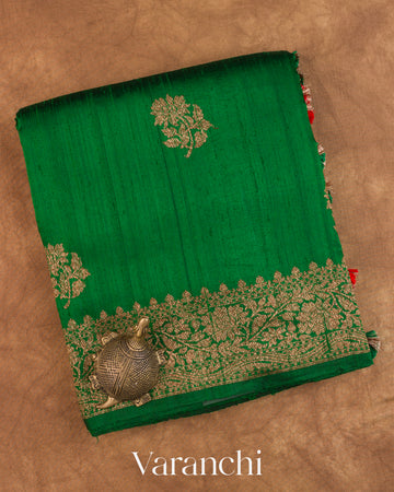 Emerald Green Pure Raw Silk Handloom Saree — Folded
