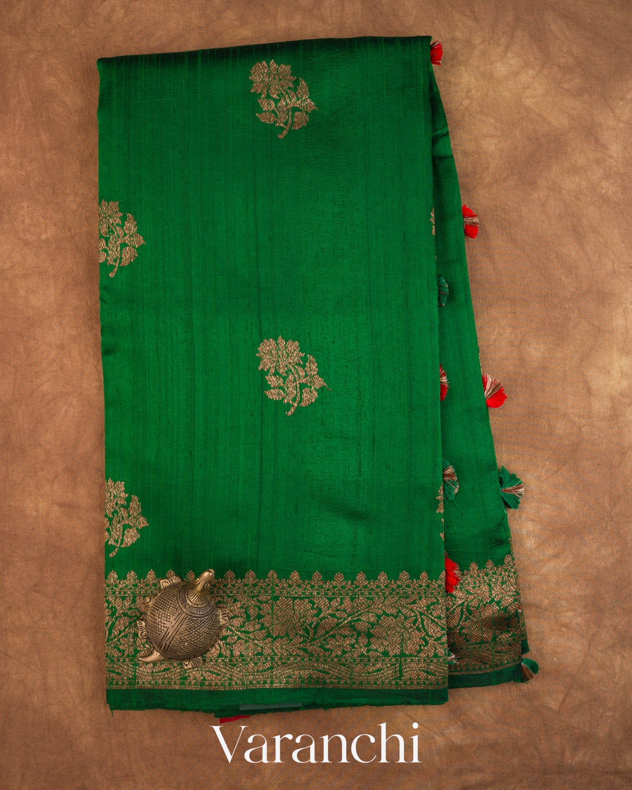Emerald Green Pure Raw Silk Handloom Saree — Full Saree
