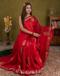 Ruby Red Pure Raw Silk Handloom Saree — Draped