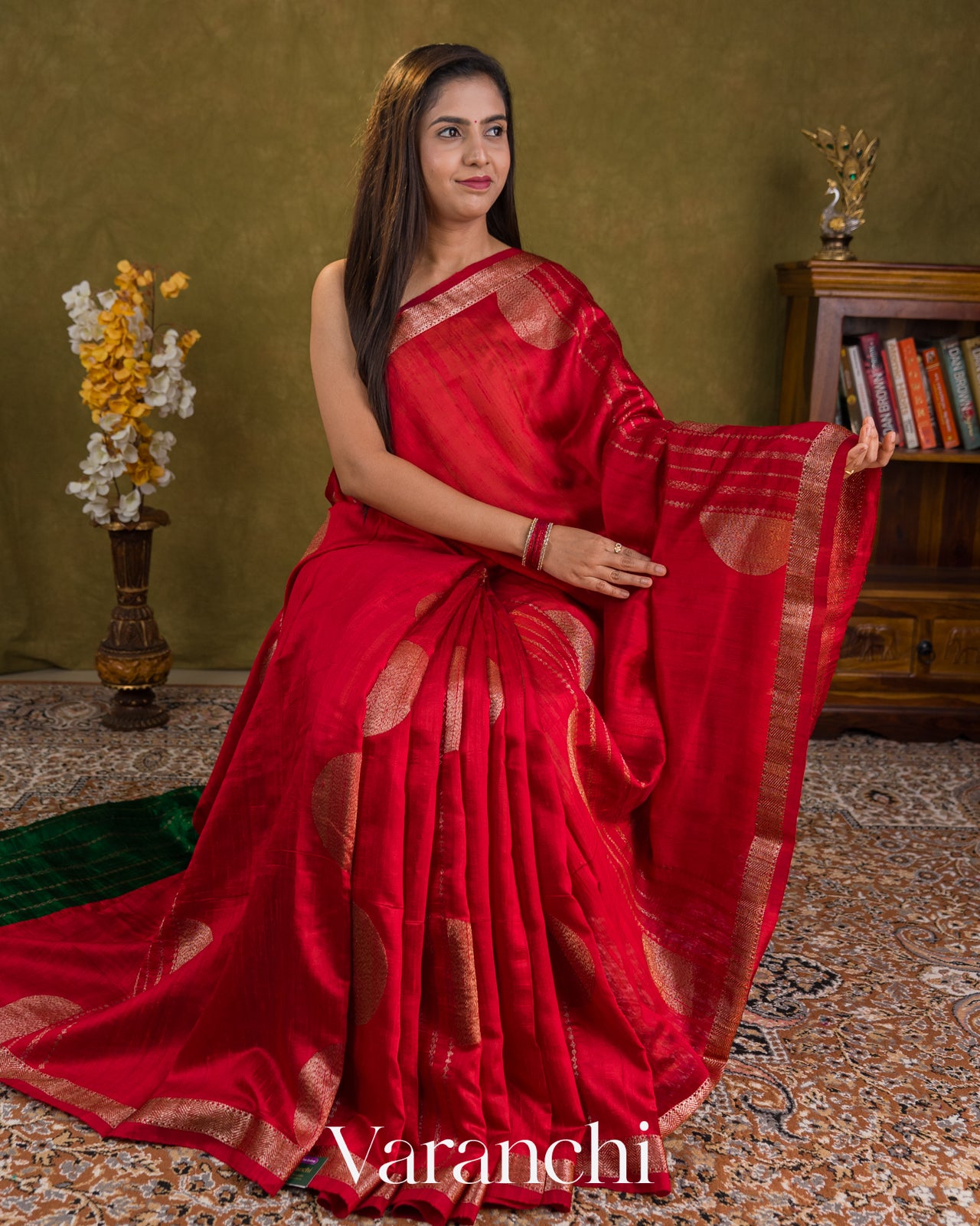 Ruby Red Pure Raw Silk Handloom Saree — Draped