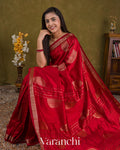 Ruby Red Pure Raw Silk Handloom Saree — Draped