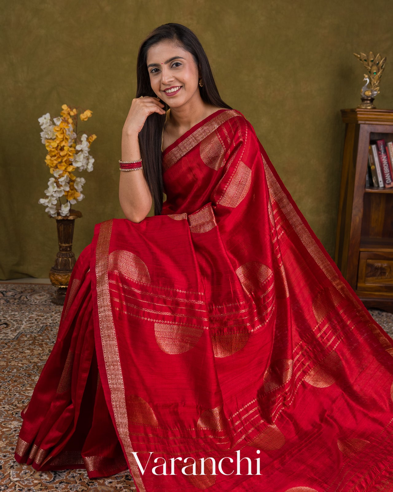 Ruby Red Pure Raw Silk Handloom Saree — Draped
