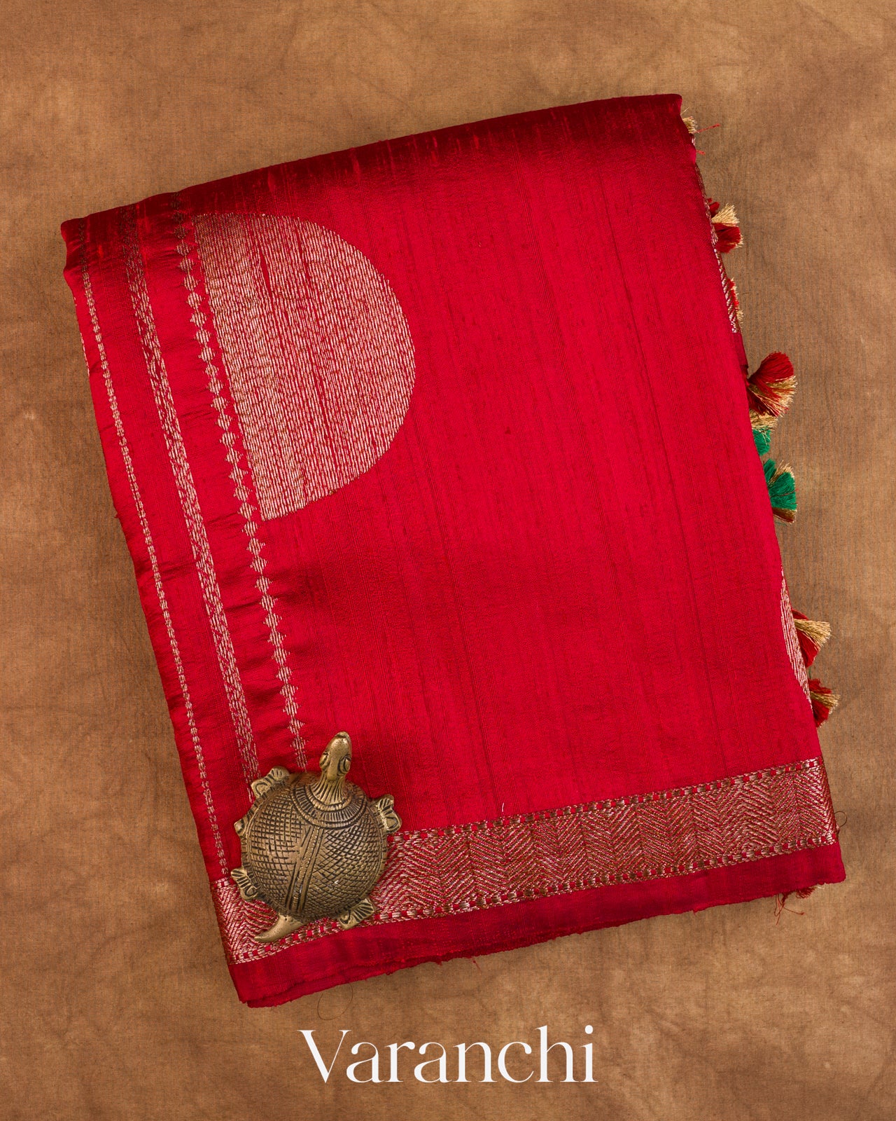 Ruby Red Pure Raw Silk Handloom Saree — Folded