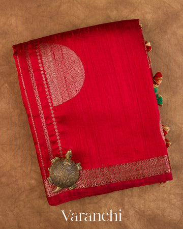 Ruby Red Pure Raw Silk Handloom Saree — Folded