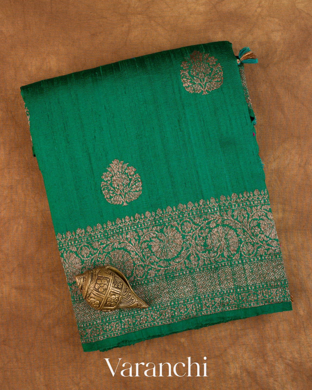 Rama Green Pure Raw Silk Handloom Saree — Folded